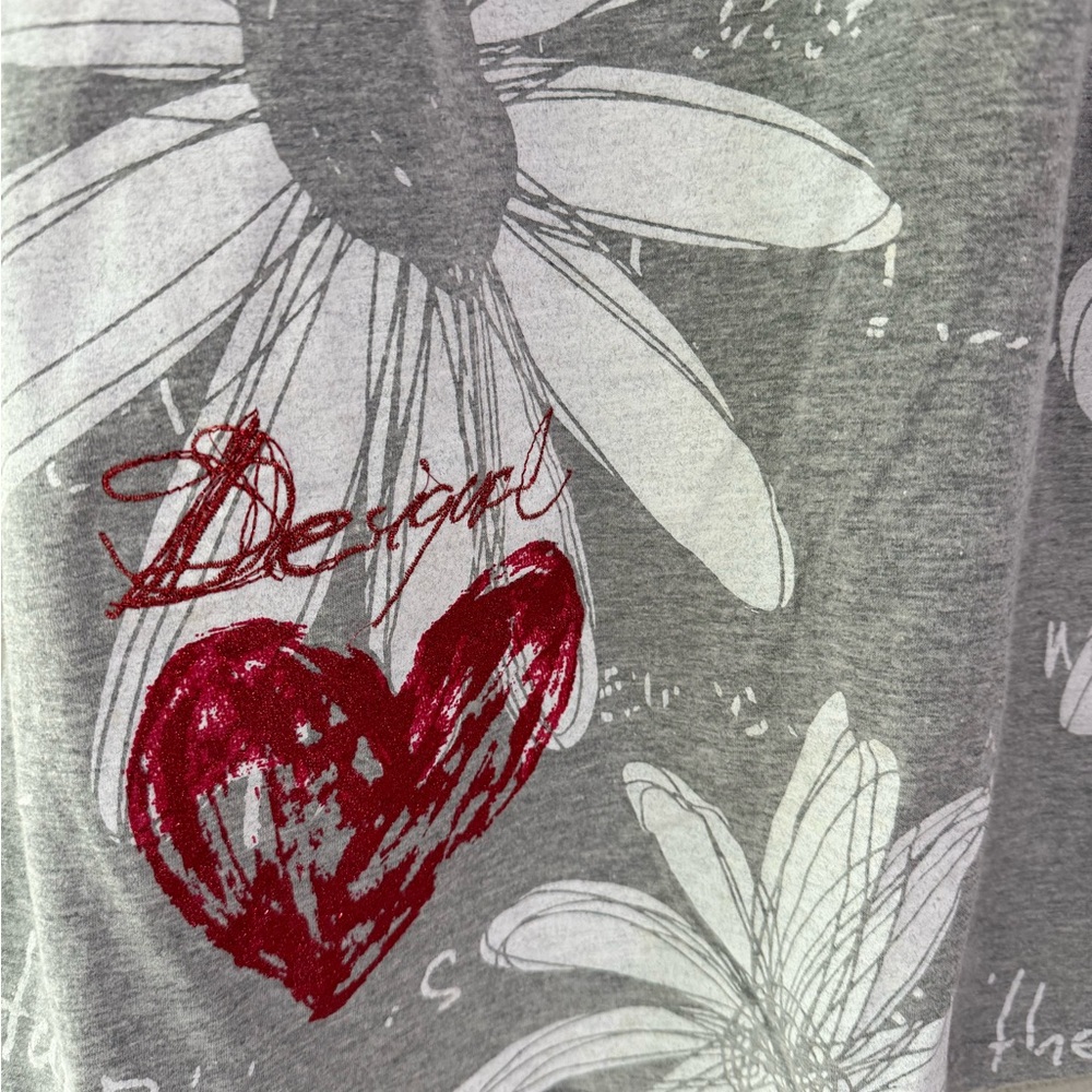 Desigual Gray Floral Midi Dress with White Daisies and Red Heart - Picture 2 of 5